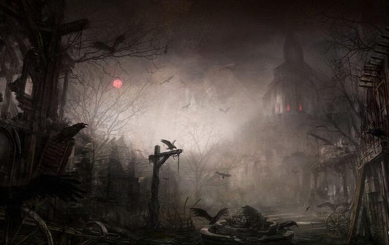 haunted village at dusk