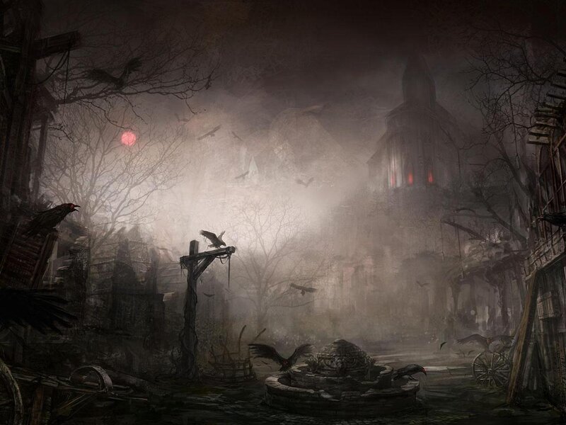 haunted village at dusk