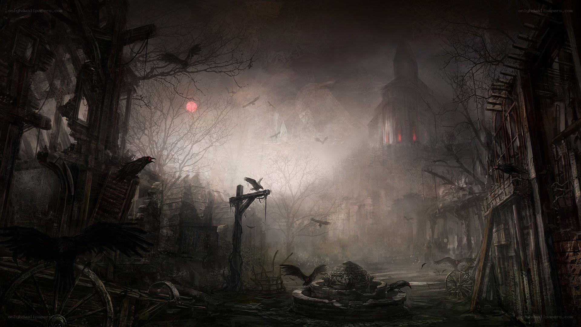haunted village at dusk