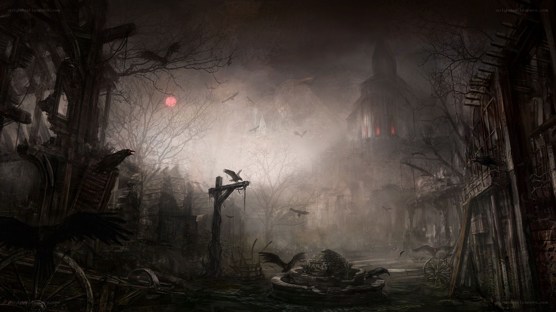 haunted village at dusk