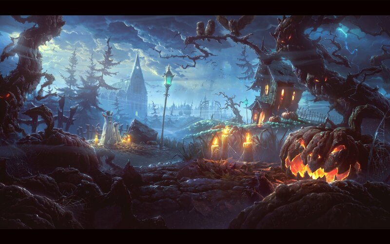 Haunted Village at Night — Blue, Dark, Digital Art