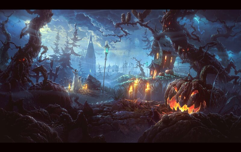 Haunted Village at Night — Blue, Dark