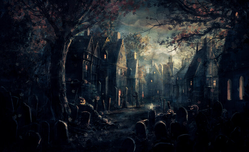 Haunted Village at Night — Dark Blue, Creepy