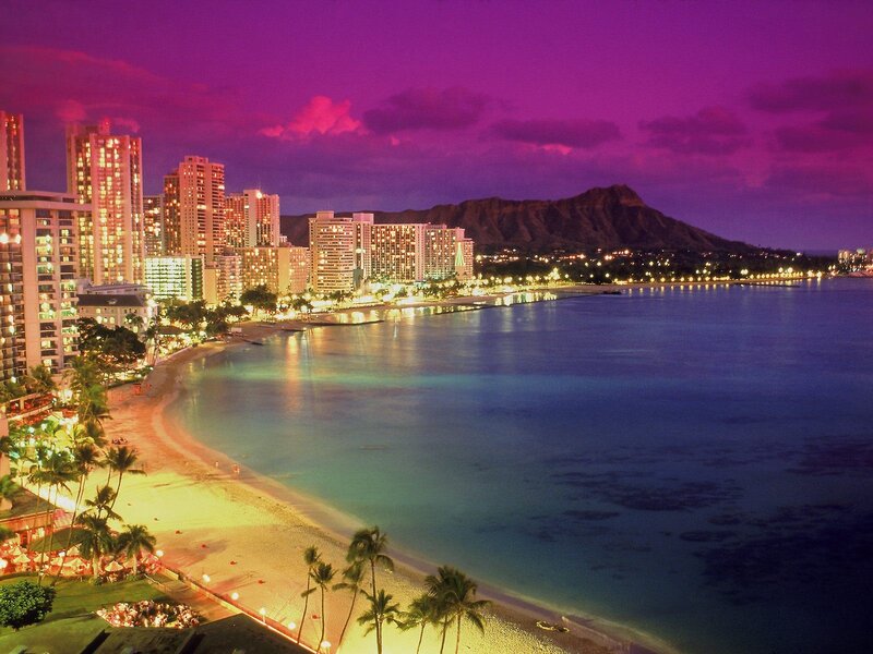 Hawaii Beach at Night — Purple, Serene, Photograph, Skyscrapers, Mountain, Palm Trees, Blue