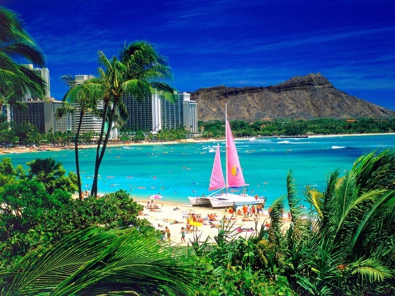 Hawaii beach with sailboat