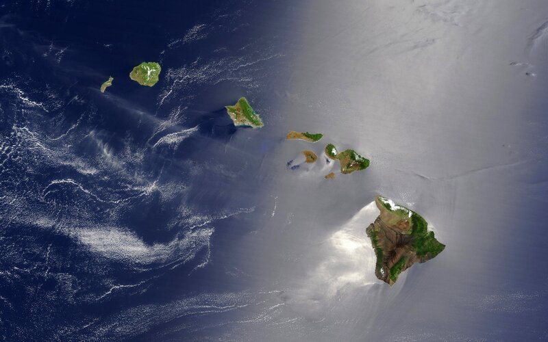 Hawaiian Islands from Space — Blue, Serene, Photograph, Ocean, Clouds, Green, White