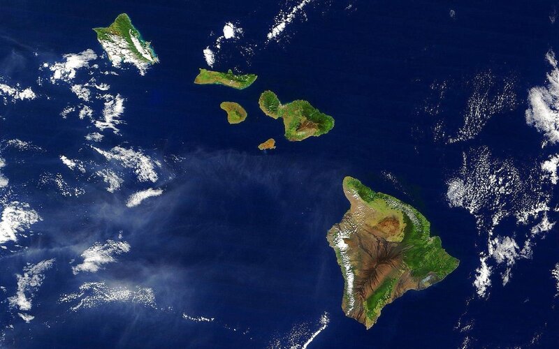 Hawaiian Islands from Space — Blue, Serene, Photograph, Ocean, Clouds, Volcanic Mountains, Green, Brown