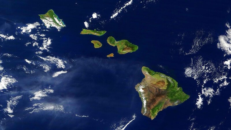 Hawaiian Islands from Space — Blue, Serene, Photograph, Ocean, Clouds, Volcanic Mountains