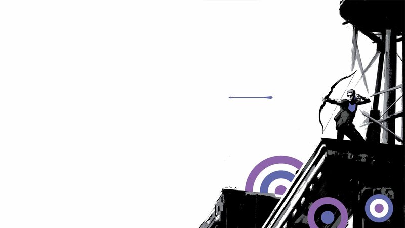 Hawkeye aiming from rooftop