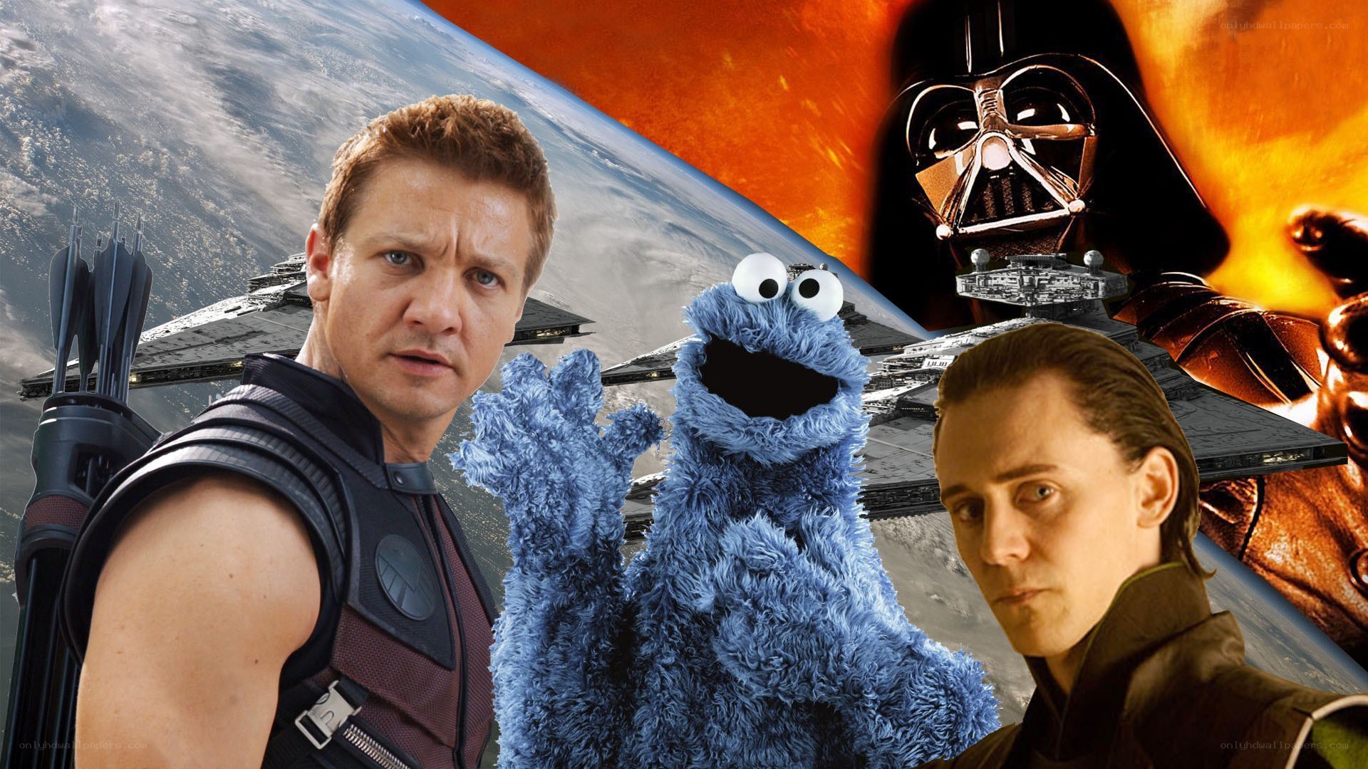 Hawkeye and Loki with Cookie Monster