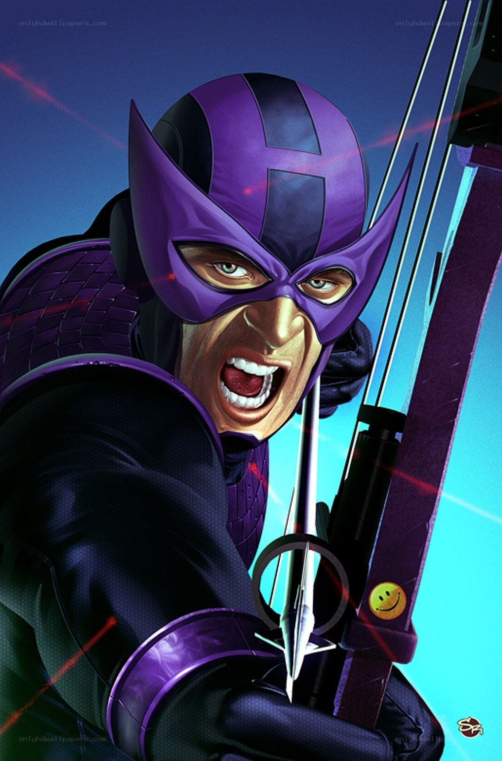 Hawkeye in purple suit