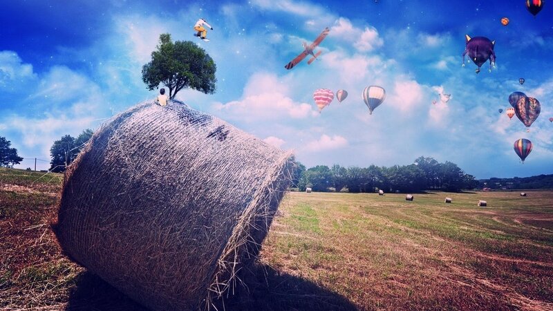 Hay Bale in Field — Blue, Dreamy, Afternoon