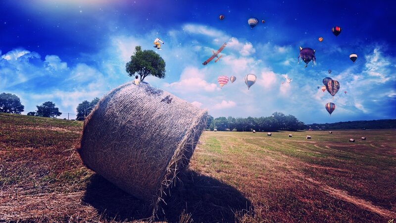 Hay Bale in Field — Blue, Dreamy