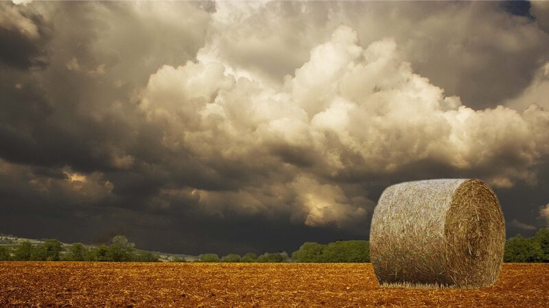 Hay Bale in Field — Brown, Dramatic, Afternoon, Photograph