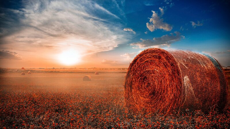 Hay Bale in Field — Orange, Dramatic, Sunset, Photograph