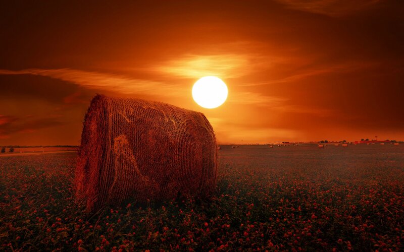 Hay Bale in Field — Orange, Dramatic, Sunset