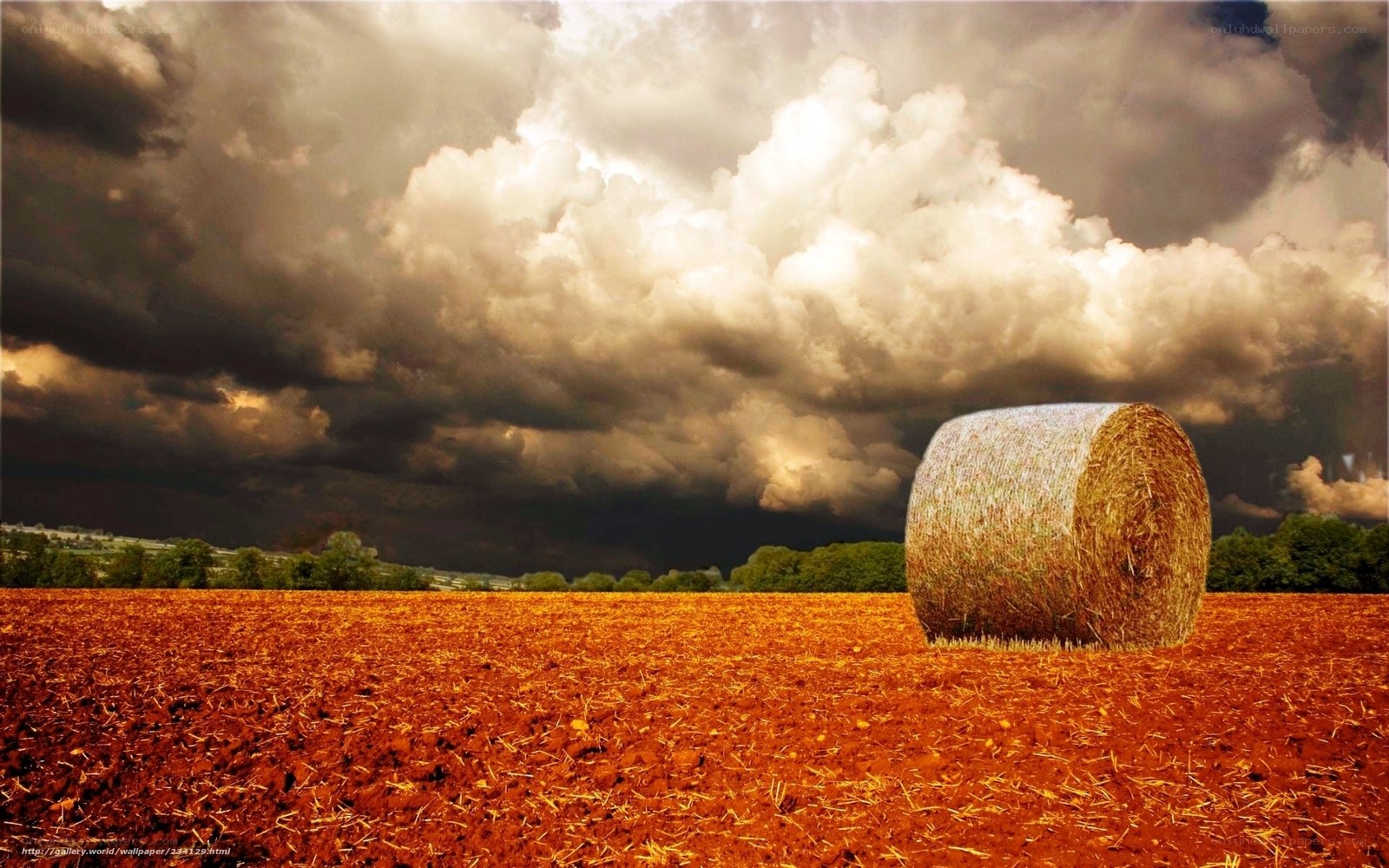Hay bale under stormy sky
