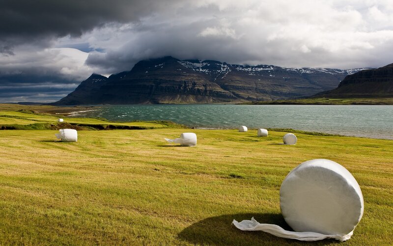 Hay bales by a fjord