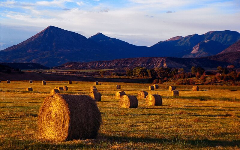 Hay bales in a mountain valley