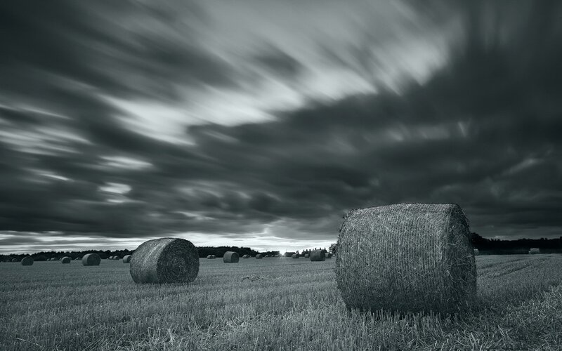 Hay Bales in Field — Black, Dramatic, Sunset