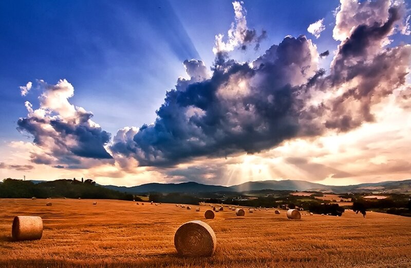 Hay Bales in Field — Blue, Dramatic, Sunset, Photograph, Clouds