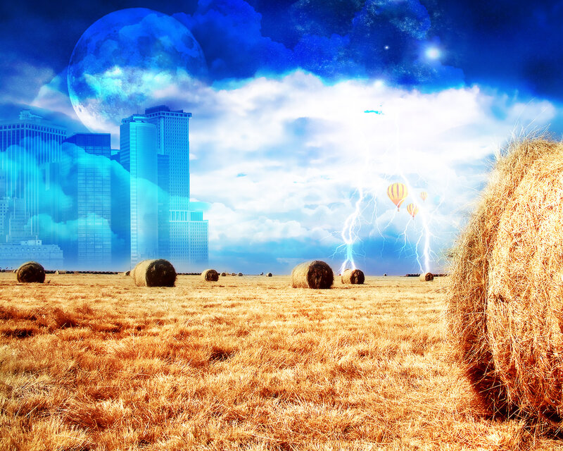 Hay Bales in Field — Blue, Dramatic