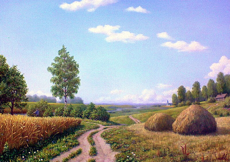 Hay Bales in Field — Blue, Serene, Afternoon