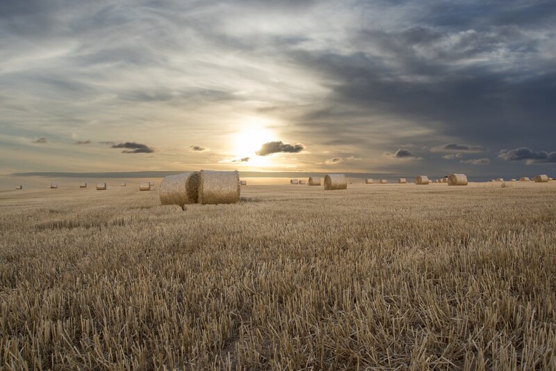 Hay Bales in Field — Brown, Dramatic, Sunset, Photograph, Sky, Sun