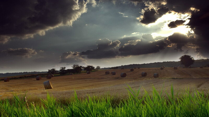 Hay Bales in Field — Green, Dramatic, Afternoon, Photograph, Clouds
