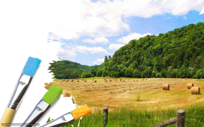 Hay Bales in Field — Green, Serene, Afternoon, Painting
