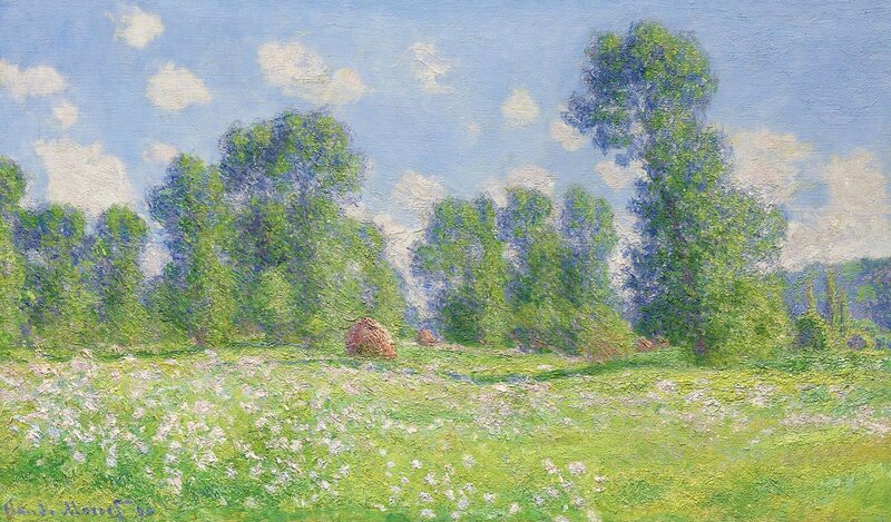 Hay Bales in Field — Green, Serene, Afternoon, Painting, Trees