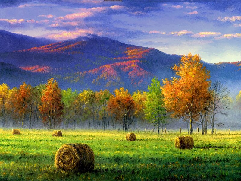 Hay Bales in Field — Green, Serene, Autumn, Painting