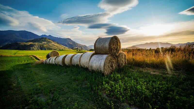Hay Bales in Field — Green, Serene, Sunset, Photograph, Mountains