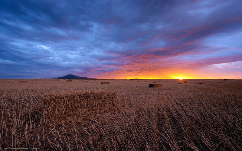 Hay Bales in Field — Orange, Dramatic, Sunset, Photograph, Clouds