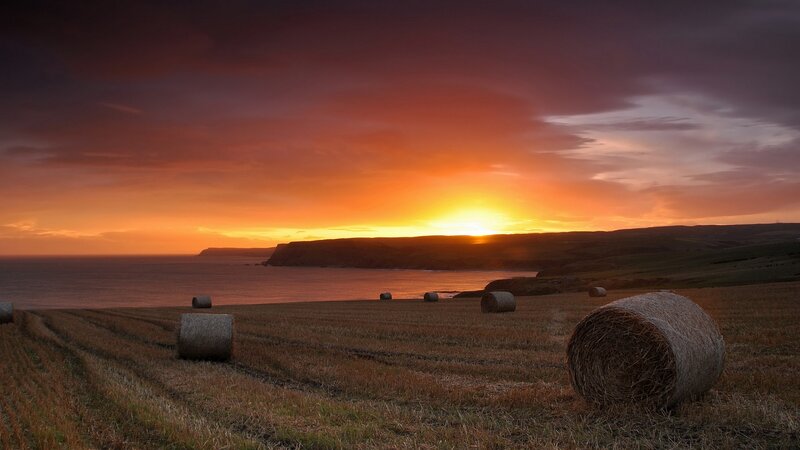 Hay Bales in Field — Orange, Dramatic, Sunset, Photograph, Ocean