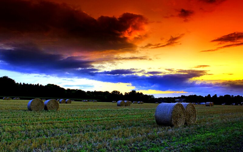 Hay Bales in Field — Orange, Dramatic, Sunset