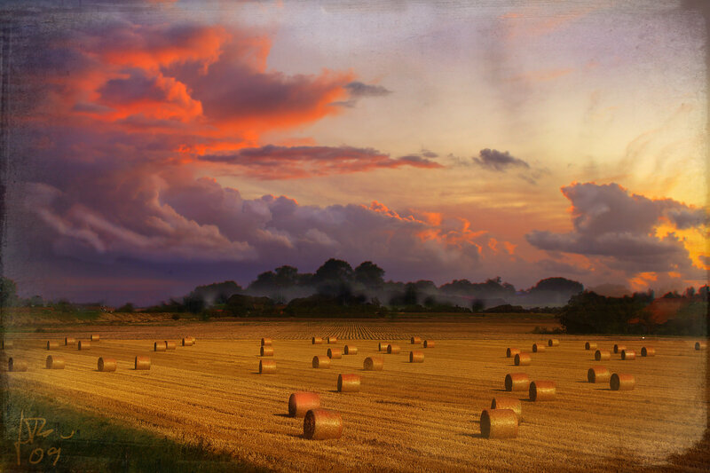 Hay Bales in Field — Orange, Dramatic