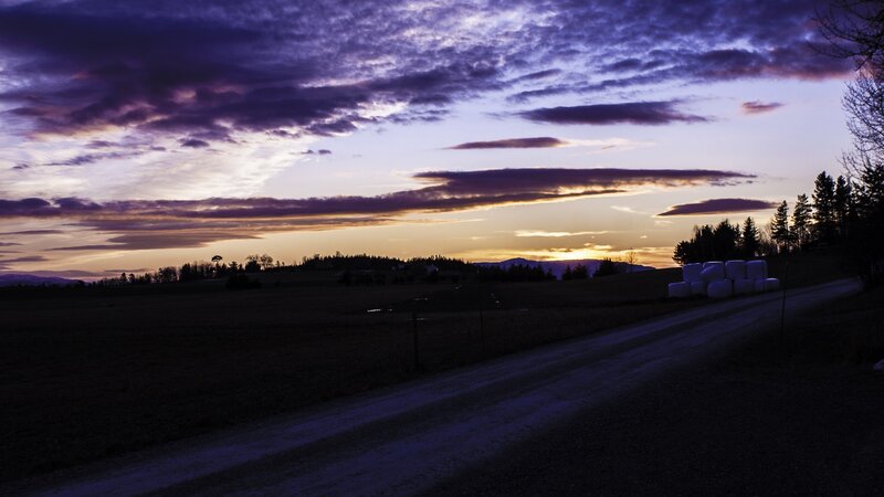 Hay Bales in Field — Purple, Dramatic, Sunset, Photograph, Road