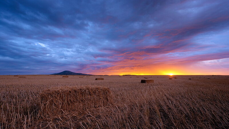 Hay Bales in Field — Purple, Dramatic, Sunset, Photograph