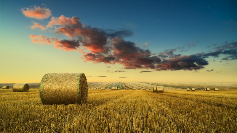 Hay Bales in Field — Yellow, Dramatic, Sunset, Photograph, Clouds