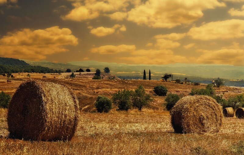 Hay Bales in Field — Yellow, Dramatic, Sunset, Photograph, Hills
