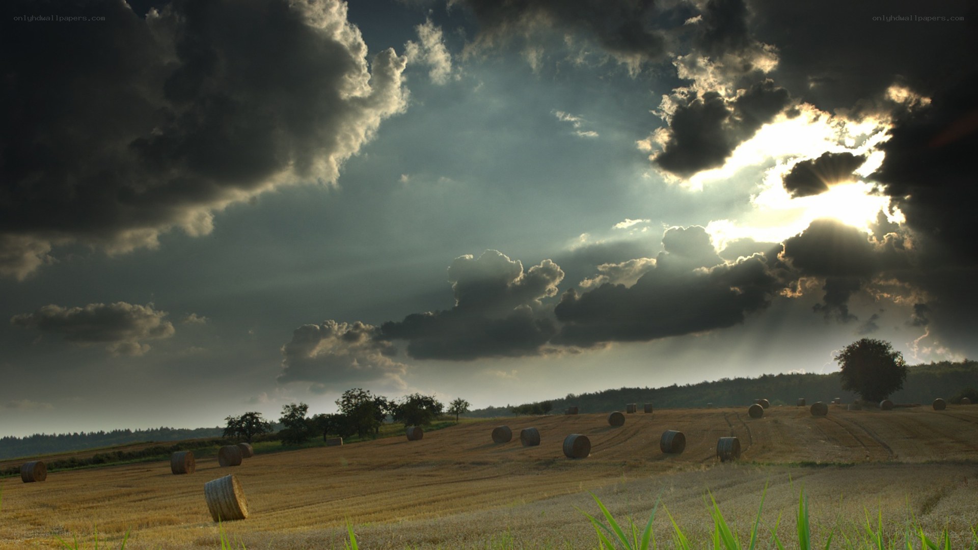 Hay bales under stormy sky