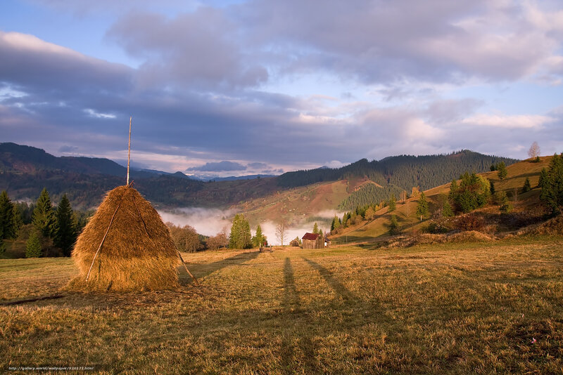 Haystack in mountain valley