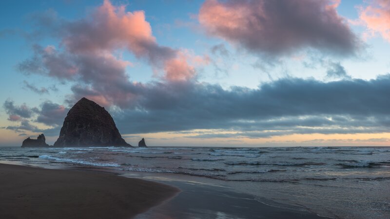 Haystack Rock at Sunset — Blue, Serene, Photograph