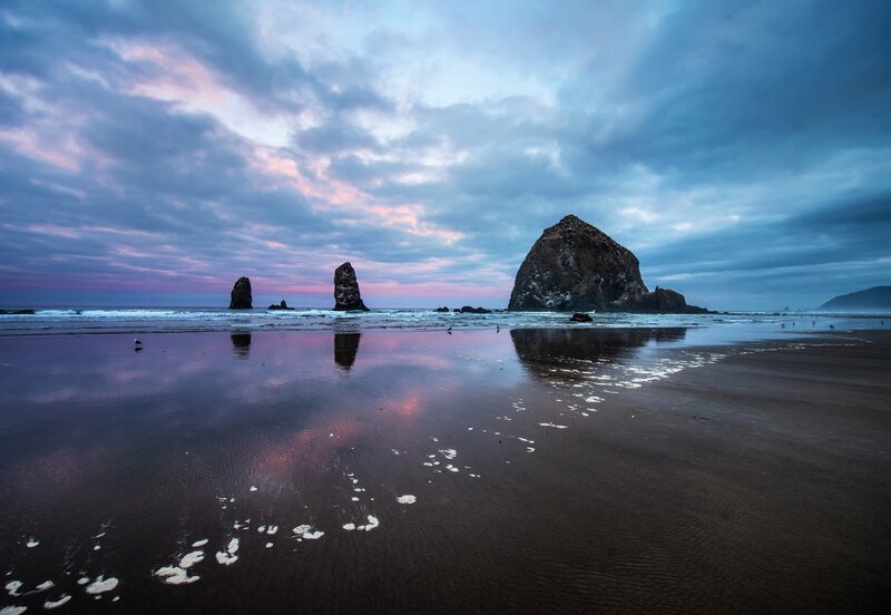 Haystack Rock at Sunset — Blue, Serene