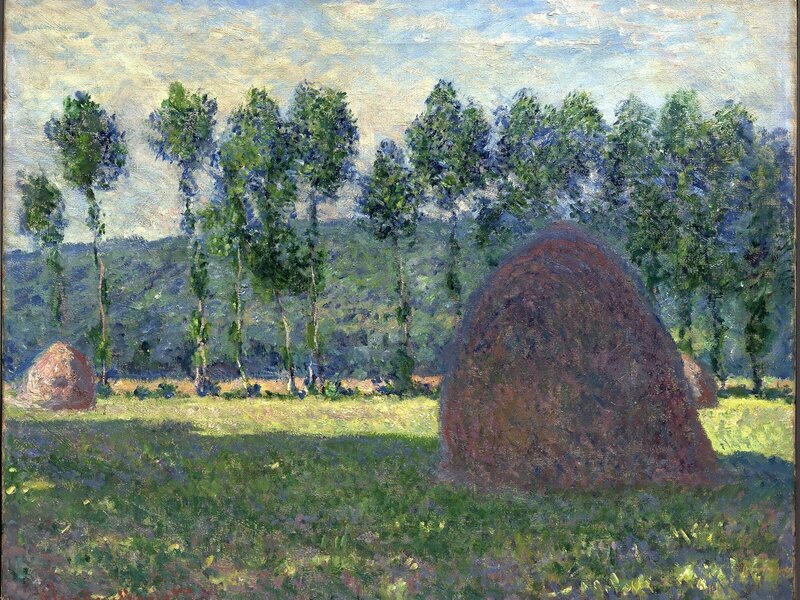 Haystacks in Field — Green, Serene, Afternoon, Painting