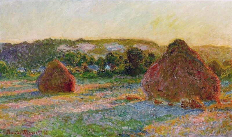 Haystacks in Field — Green, Serene, Sunset, Painting