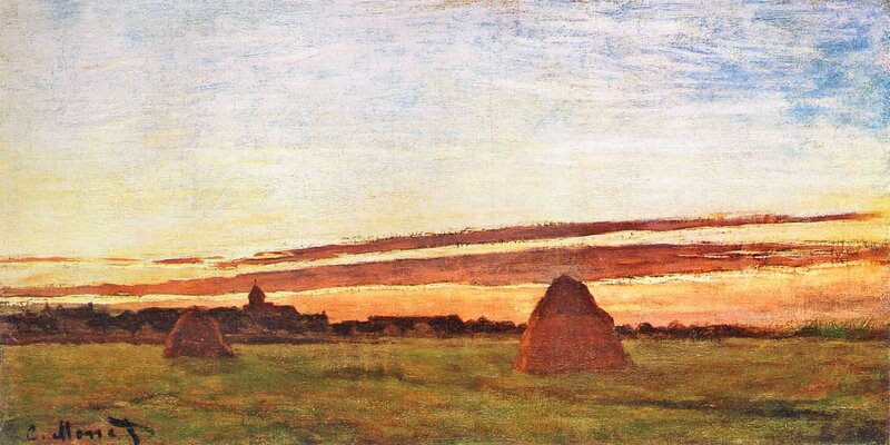 Haystacks in Field — Green, Serene, Sunset
