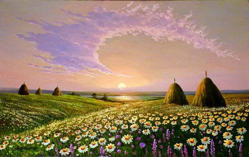 Haystacks in Flower Field