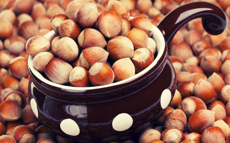 hazelnuts in a polka dot bowl